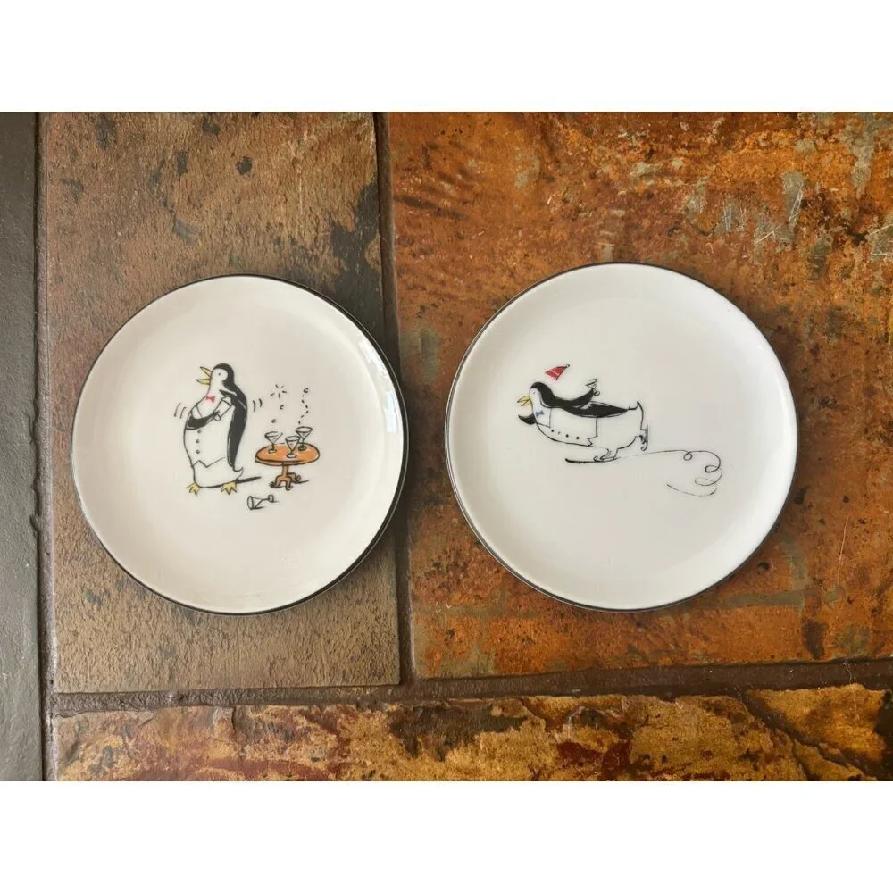 Set of 8 Pottery Barn Festive Penguins Martinis Coasters Small Plates 4